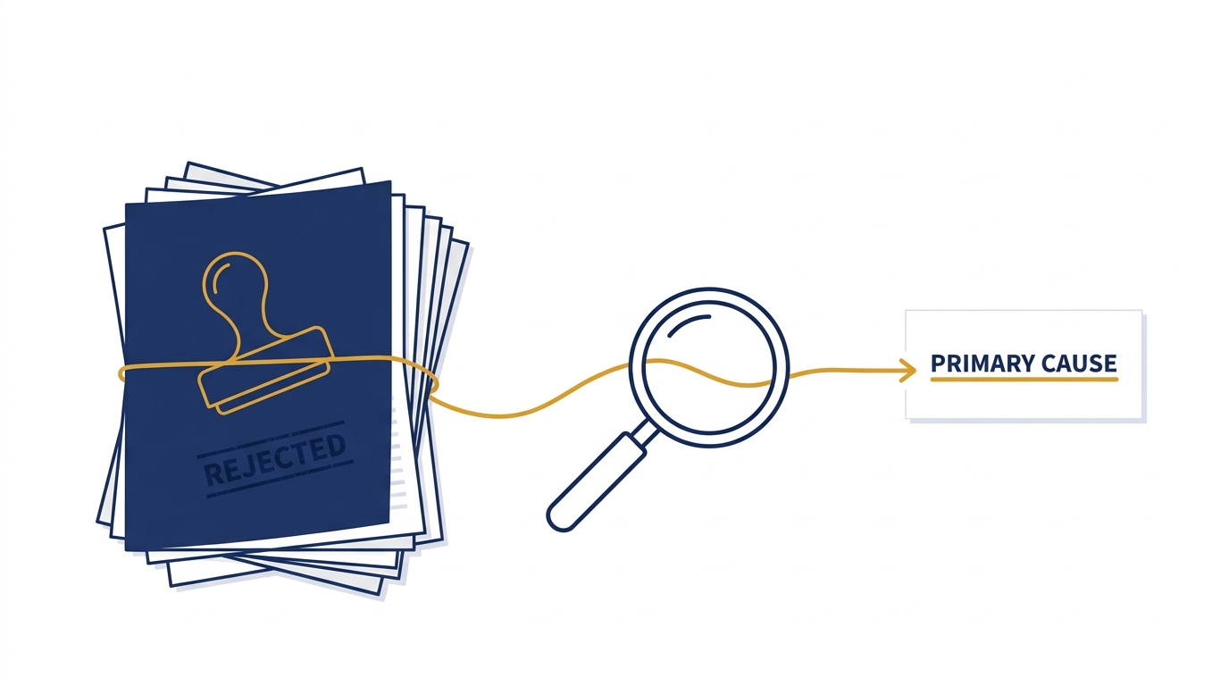 Wide editorial illustration: stack of grant application pages with gold magnifying glass highlighting the primary cause card