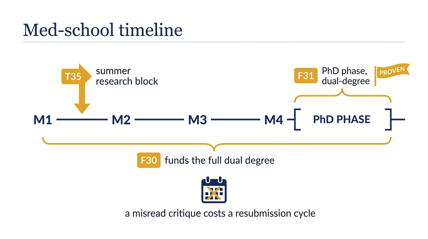 Medical school timeline detailing T35 summer research block, F30 dual degree, and F31 PhD phase timing