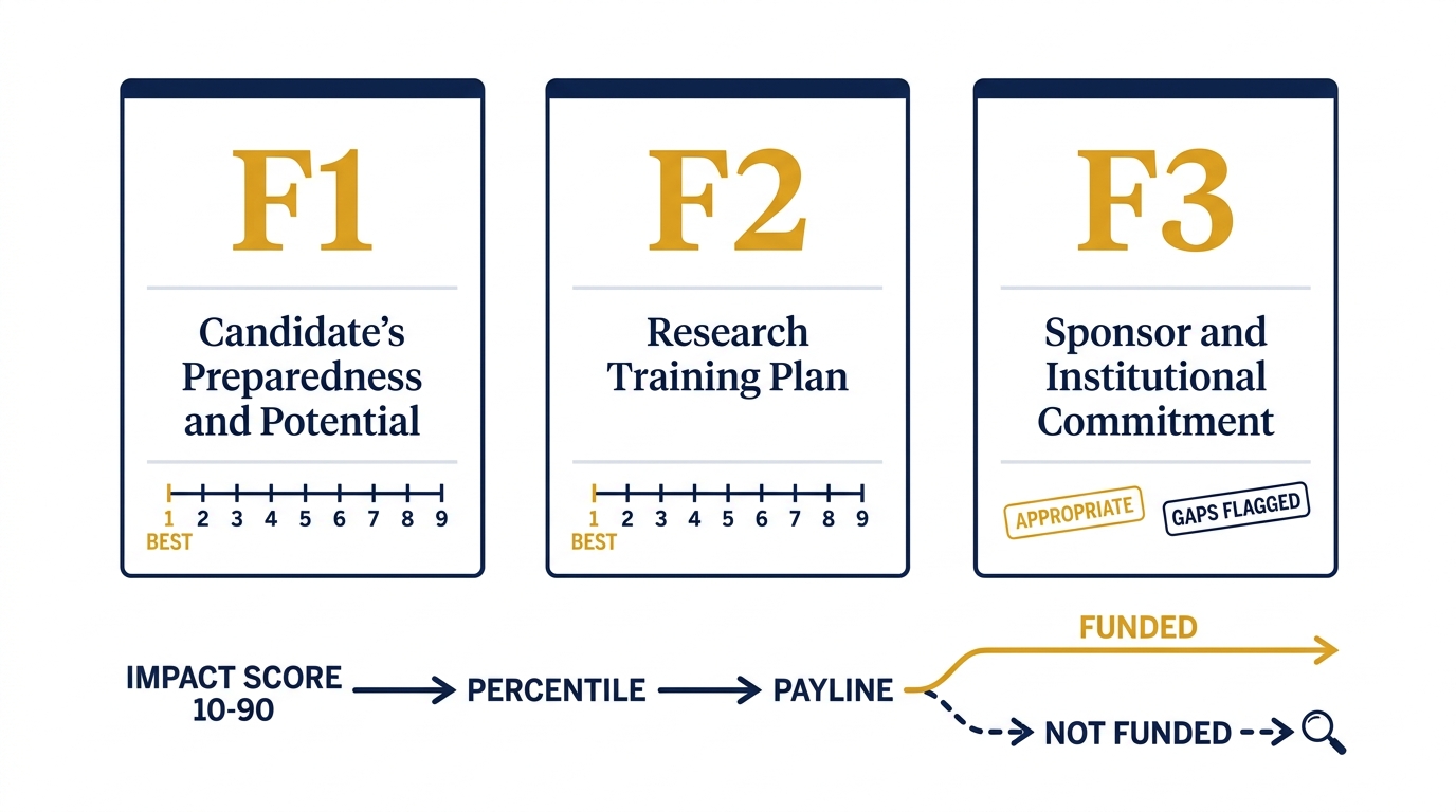 Scorecard set for F1 Candidate Preparedness, F2 Research Plan, and F3 Sponsor Commitment leading to Impact Score percentile payline decision