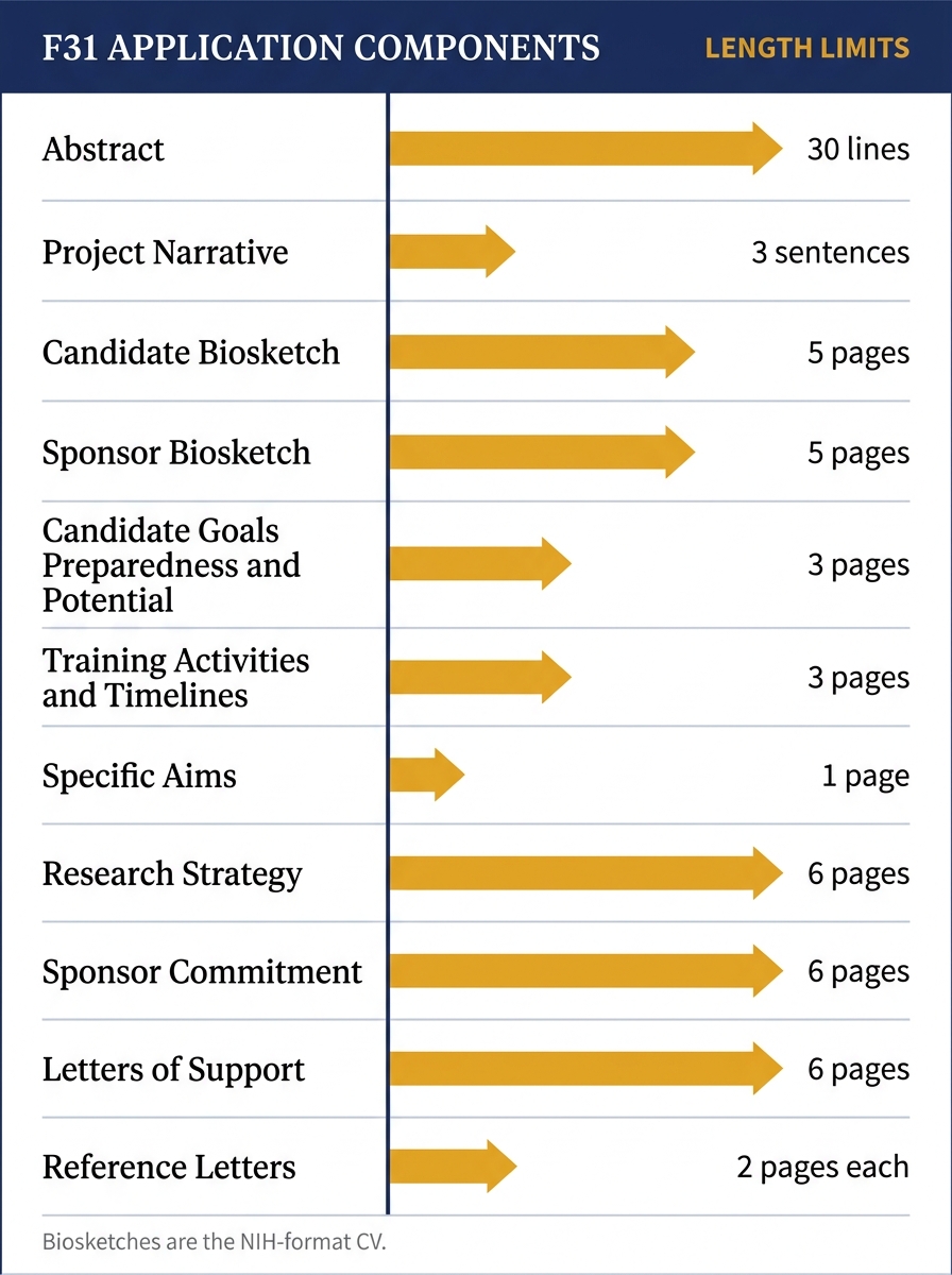 F31 Application Components spec sheet showing length limits for Abstract, Biosketches, Research Strategy, and Reference Letters